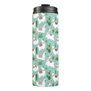 Llamas op Blauwgroen patroon bevestigen Thermosbeker