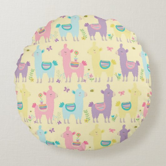 Llamas Pink Yellow Paars Cute Schattig Nursery Rond Kussen (Voorkant)