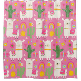 Llamas Rainbows Green Cactus Light Girly Pink Cute Douchegordijn