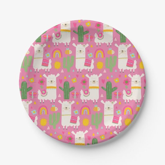 Llamas Rainbows Green Cactus Light Girly Pink Cute Papieren Bordje (Voorkant)
