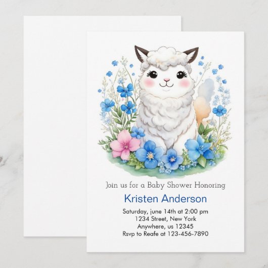 Llama's Whimsical Wildflower Magic Boy Baby shower Kaart (Voorkant / Achterkant)