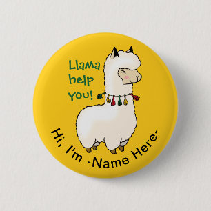 "Llamma help je" handige kawaii llama met naam tag Ronde Button 5,7 Cm