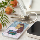 Llavero rectangular con diseño chica con flequillo sleutelhanger (Voorkant Rechts)