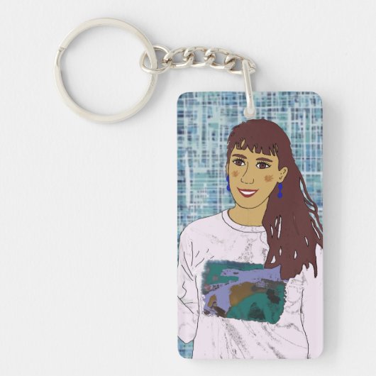 Llavero rectangular con diseño chica con flequillo sleutelhanger (Voorkant)