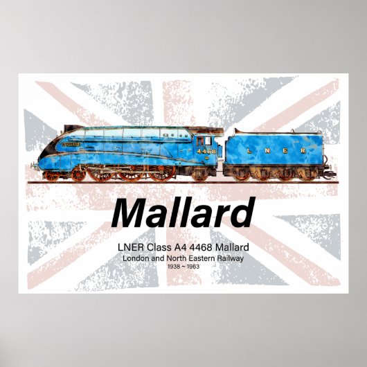 LNER Class A4 Mallard locomotiefprofiel met vlag Poster (Voorkant)