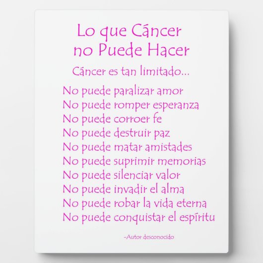 Lo que Cancer no Puede Hacer Poem Plaque Fotoplaat (Voorkant)