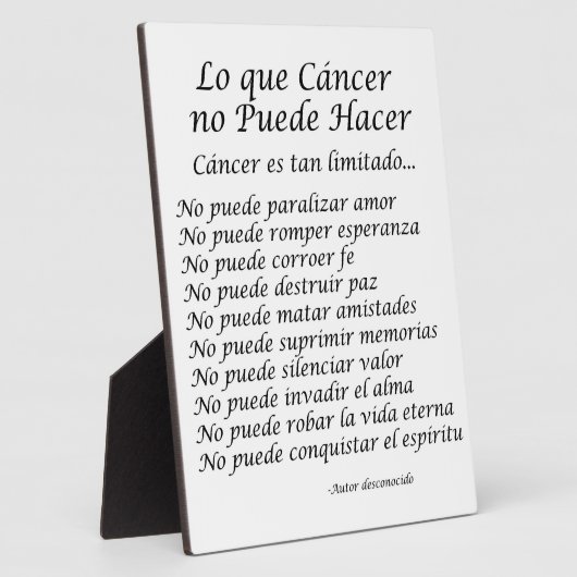 Lo que Cancer no Puede Hacer Poem Plaque Fotoplaat (Zijkant)