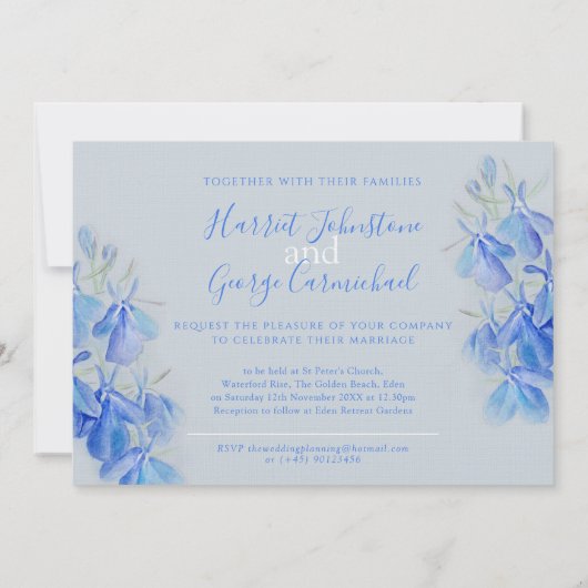 Lobelia blauw bloemenwit grijs blauw bruiloft kaart (Achterkant)