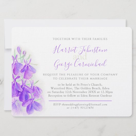 Lobelia paarse waterverf bruiloft kaart (Achterkant)