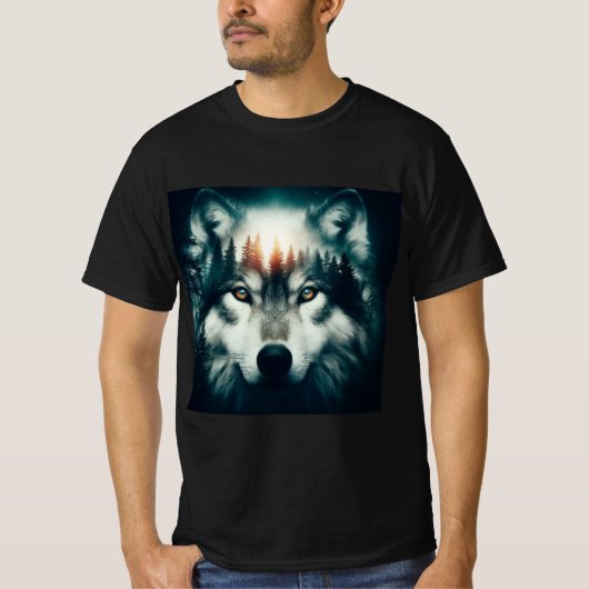 Lobo en la Noche: Diseño de Doble Exposición T-shirt (Voorkant)
