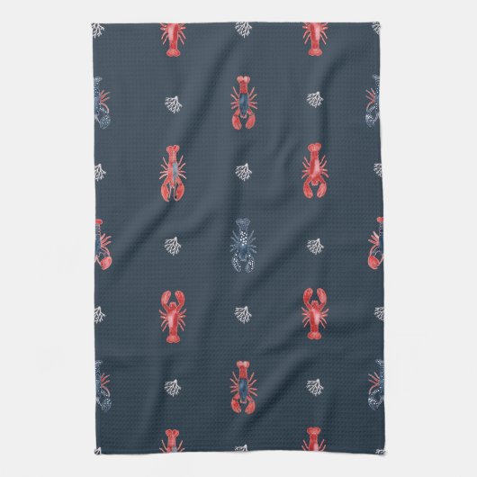 Lobster and Sea Coral Pattern on Navy Theedoek (Verticaal)