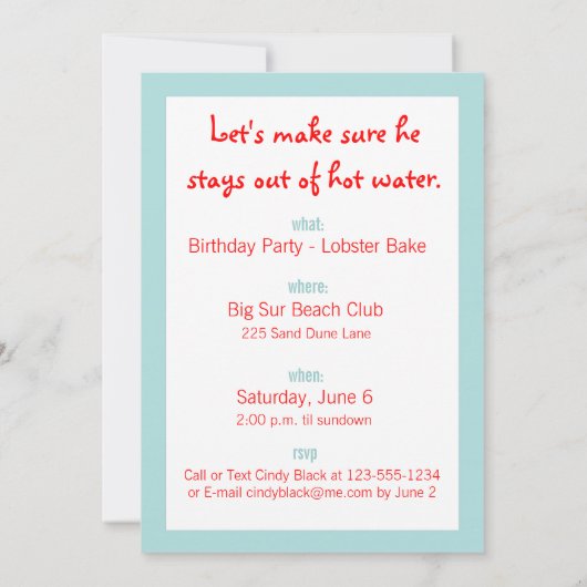 Lobster Birthday Party Invitation Kaart (Achterkant)