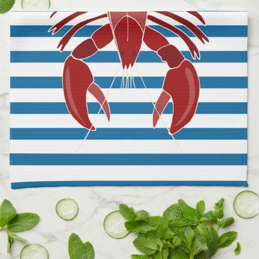 Lobster Blue en White Stripe Kitchen Towel Theedoek (Gevouwen)