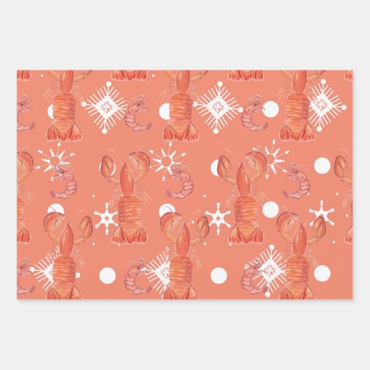 Lobster Crustacean Waterverf Snowflake Pattern Inpakpapier Vel (Voorkant 3)