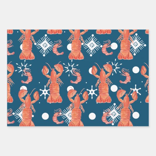 Lobster Crustacean Waterverf Snowflake Pattern Inpakpapier Vel (Voorkant 2)