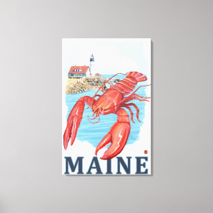 Lobster en Portland Lighthouse Scene Canvas Afdruk
