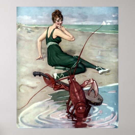 Lobster met banjo serenading beach Girl Poster (Voorkant)