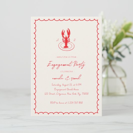 Lobster Monogram Red Engagement Party Kaart (Staand voorkant)