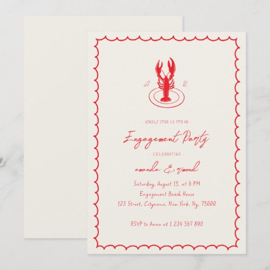 Lobster Monogram Red Engagement Party Kaart (Voorkant / Achterkant)