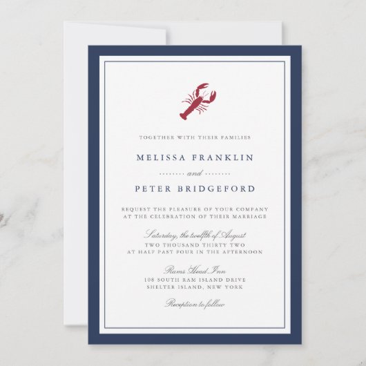 Lobster Nautical Navy Wedding Invitation Kaart (Voorkant)