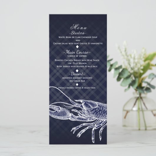 Lobster Navy Blue Elegant Party Menu Kaart (Staand voorkant)