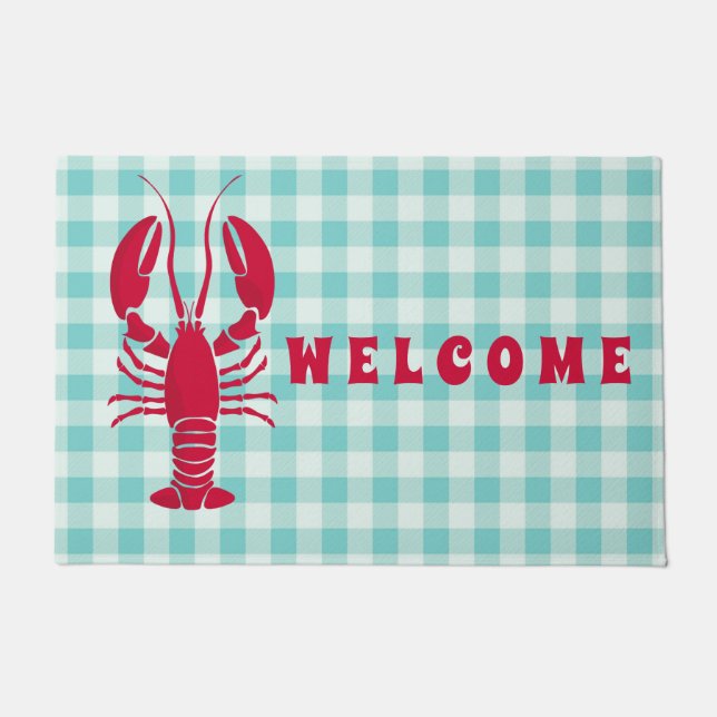 Lobster on Blue Gingham Welcome Deurmat (Voorkant)