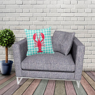 Lobster op Blue Gingham Kussen