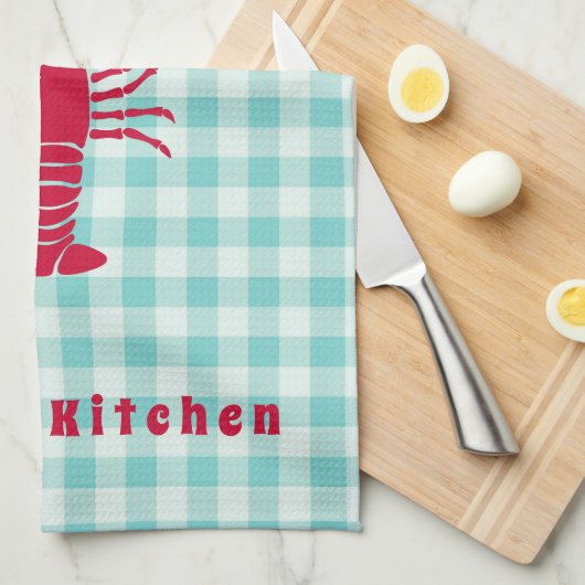 Lobster op Blue Gingham Personalized Theedoek (Quarter Fold)