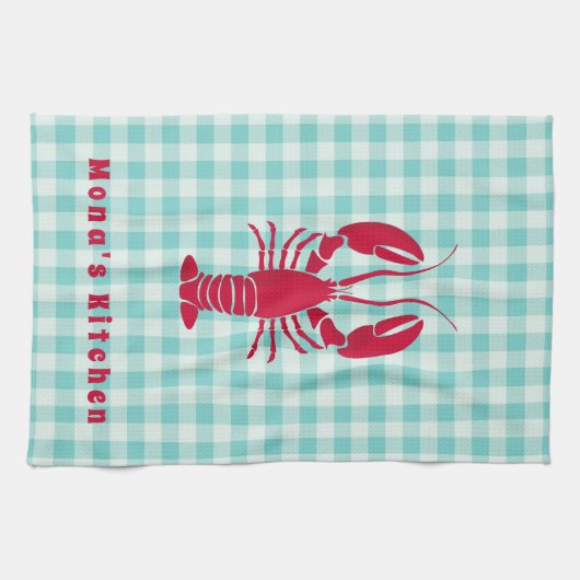 Lobster op Blue Gingham Personalized Theedoek (Horizontaal)