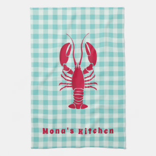 Lobster op Blue Gingham Personalized Theedoek