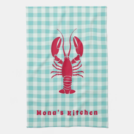 Lobster op Blue Gingham Personalized Theedoek (Verticaal)