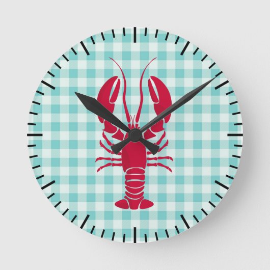 Lobster op Blue Gingham Ronde Klok (Voorkant)