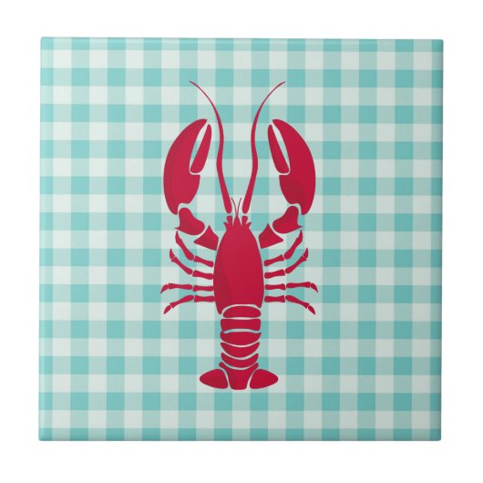 Lobster op Blue Gingham Tegeltje (Voorkant)