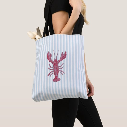Lobster Painting Nautical Blue Stripe Coastal Tote Bag (Dichtbij)