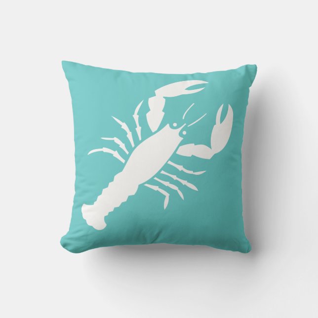 LOBSTER WHITE op blauwgroen blauw kussen (Voorkant)