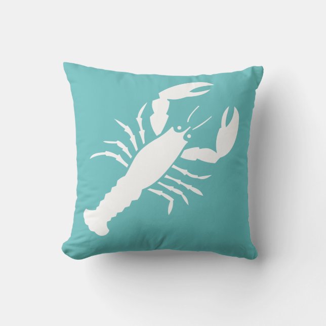 LOBSTER WHITE op blauwgroen blauw kussen (Voorkant)
