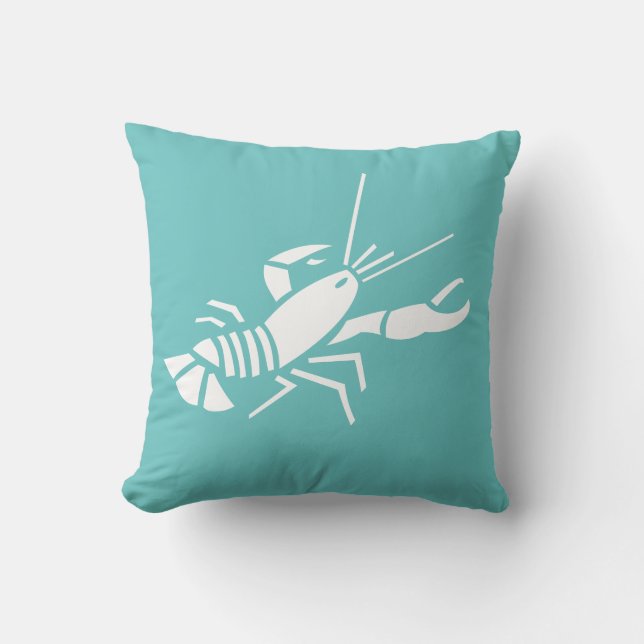 LOBSTER WHITE op blauwgroen blauw kussen (Voorkant)