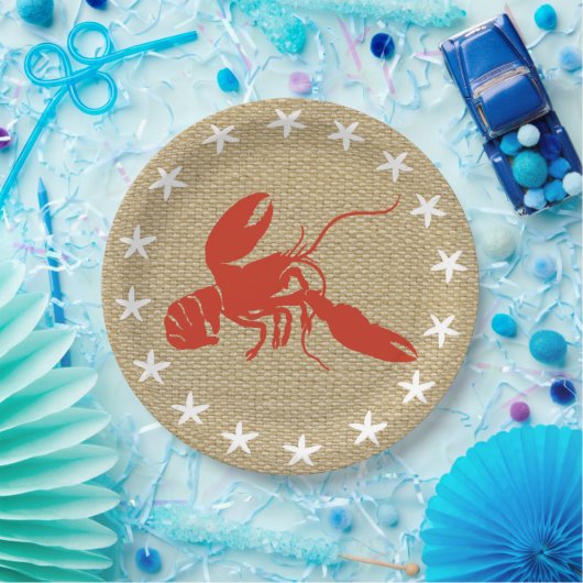 Lobster & White Starfish Nautical Beach "Burlap" Papieren Bordje (Feest)