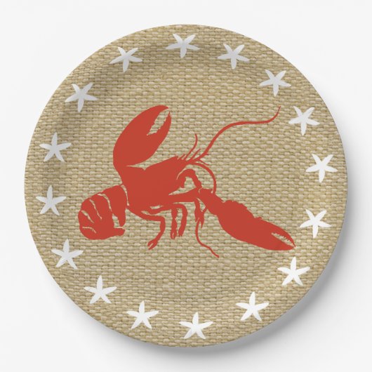 Lobster & White Starfish Nautical Beach "Burlap" Papieren Bordje (Voorkant)