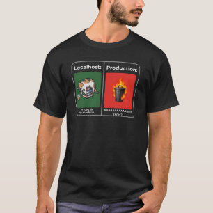 Localhost vs Productie Dumpster Fire Ontwikkelaar T-shirt