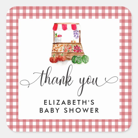 Locally Grown Baby Shower Carrots Gingham Vierkante Sticker (Voorkant)