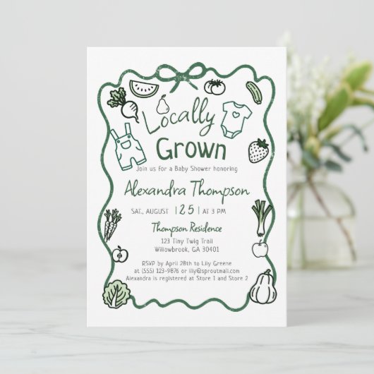 Locally Grown Hand Drawn Bow Clothes Baby Shower Kaart (Staand voorkant)