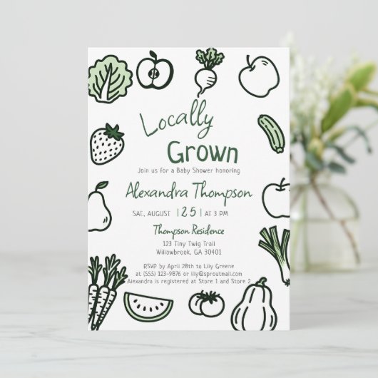 Locally Grown Hand Drawn Farm Fresh Baby Shower Kaart (Staand voorkant)