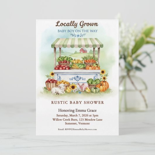 Locally Grown Market Boy Baby Shower Invitation Kaart (Staand voorkant)