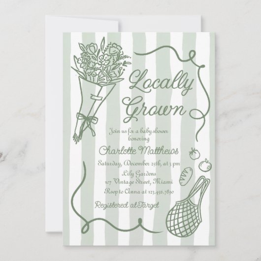 Locally Grown Sage Green Hand Drawn Baby Shower Kaart (Voorkant)