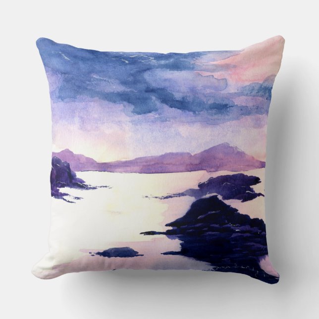 Loch Lomond Paarse Waterverf Landschap Cushion Kussen (Voorkant)