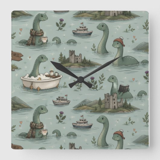 Loch Ness Monster Vierkante Klok (Voorkant)
