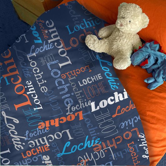 Lochie gepersonaliseerde naam blauw grijs sinaasap fleece deken