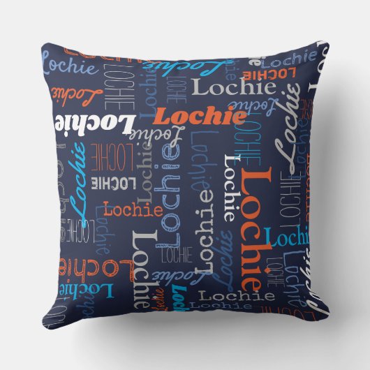 Lochie gepersonaliseerde naam blauw grijs sinaasap kussen (Achterkant)