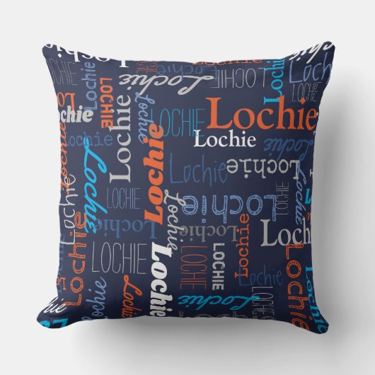 Lochie gepersonaliseerde naam blauw grijs sinaasap kussen (Voorkant)